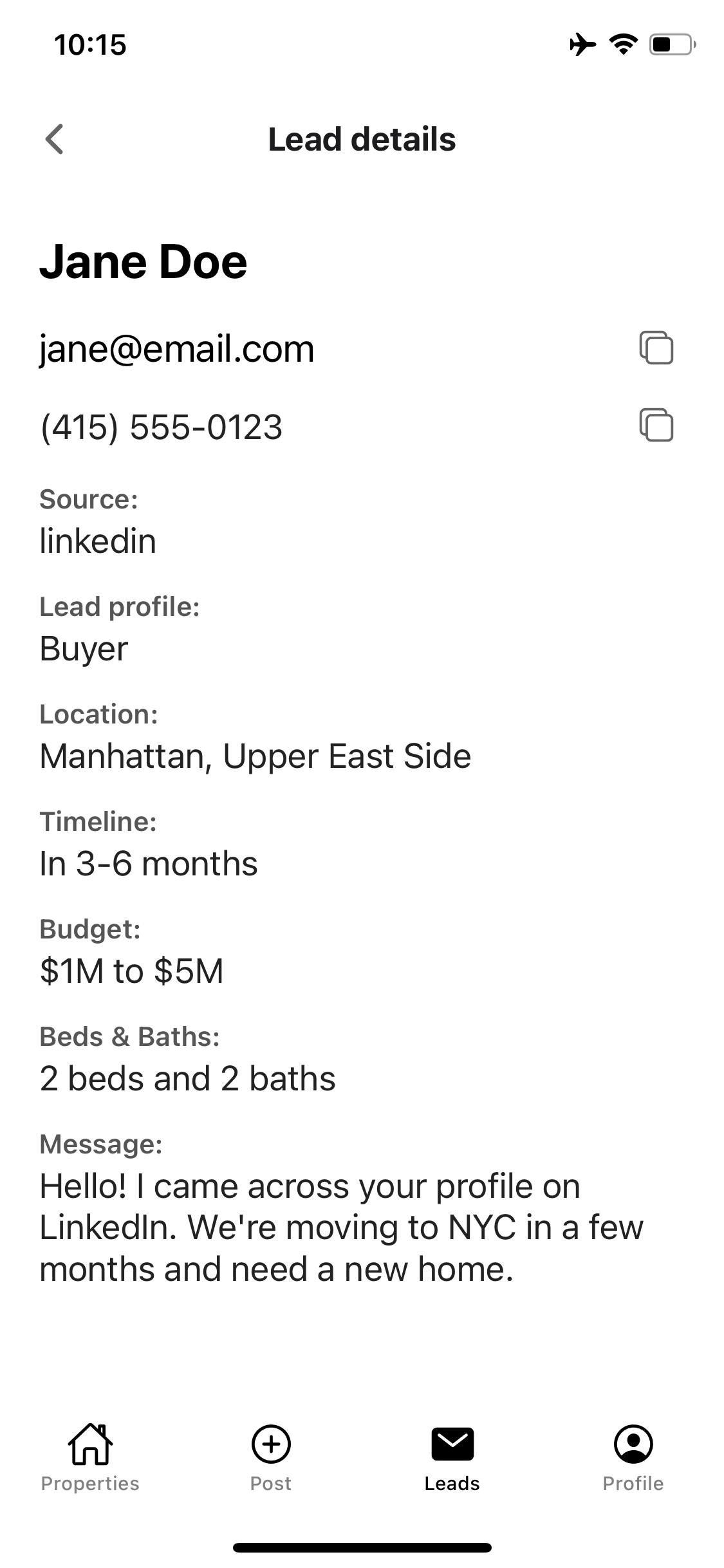 Lead management CRM interface showing captured leads with source tracking and contact information