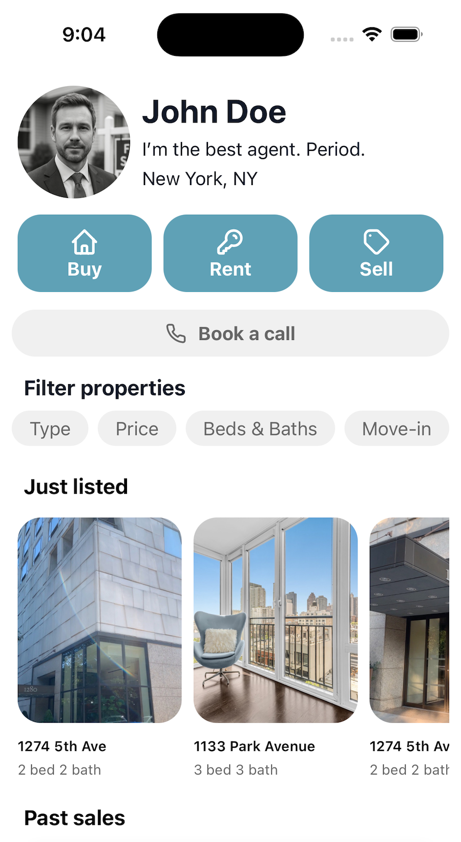 Cubby public profile interface showing property listings in a social media style layout with lead capture forms